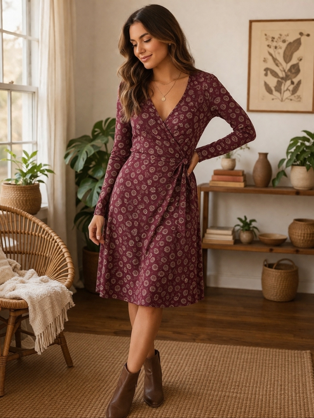Mata Traders Organic Cotton Floral Wrap Dress Burgundy Boho Small